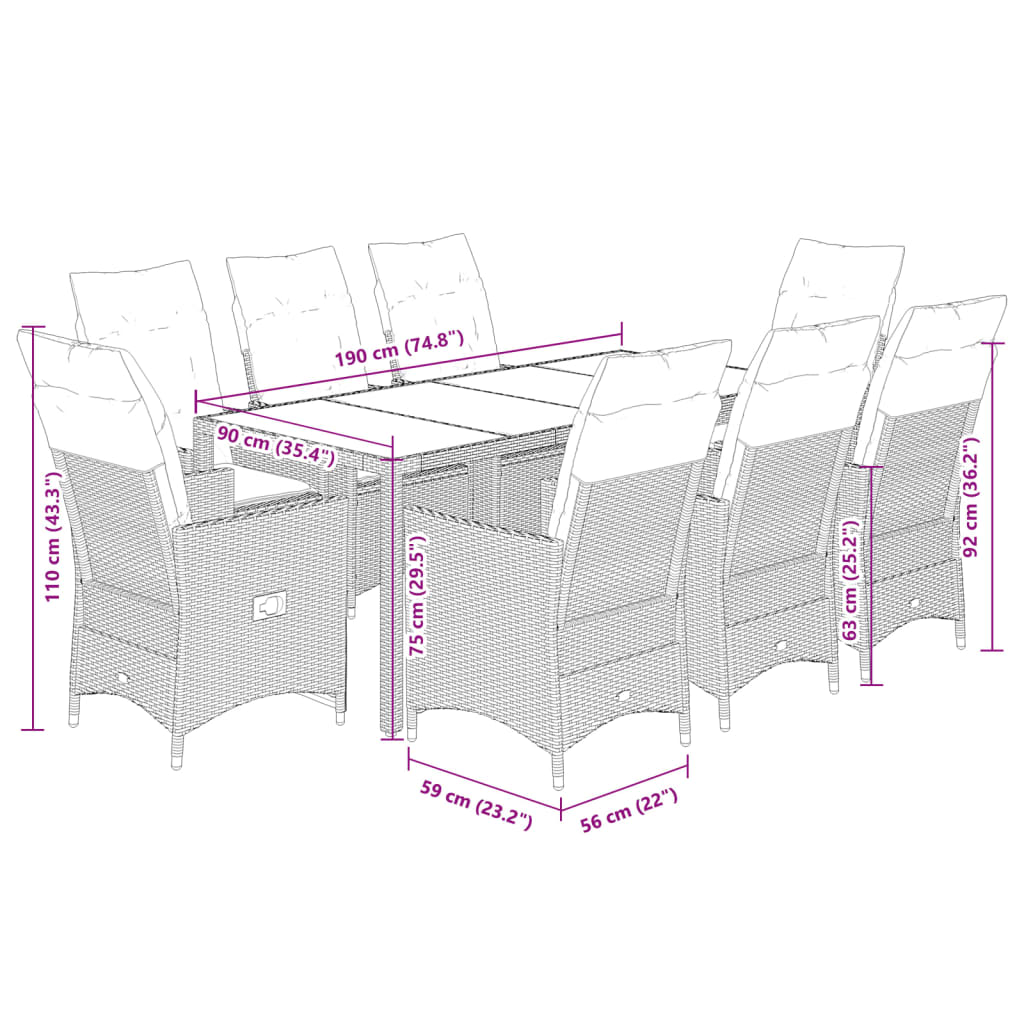 9-tlg. Garten-Essgruppe mit Kissen Grau Poly Rattan