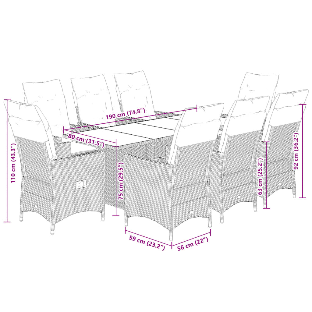 9-tlg. Garten-Essgruppe mit Kissen Grau Poly Rattan