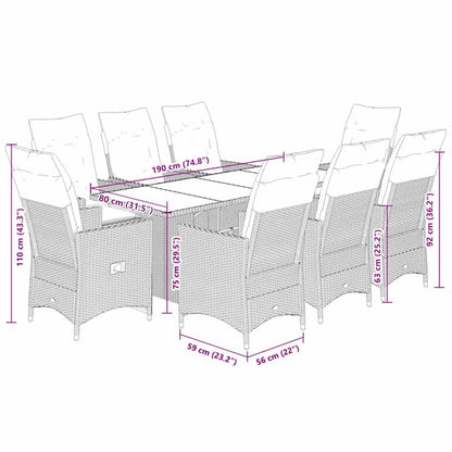 9-tlg. Garten-Essgruppe mit Kissen Grau Poly Rattan