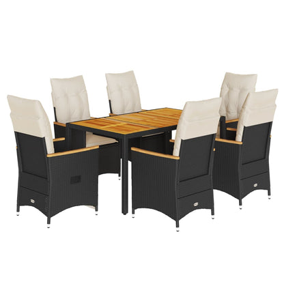 7-tlg. Garten-Essgruppe mit Kissen Schwarz Poly Rattan