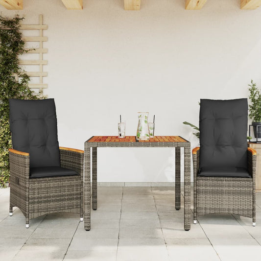 3-tlg. Bistro-Set mit Kissen Grau Poly Rattan