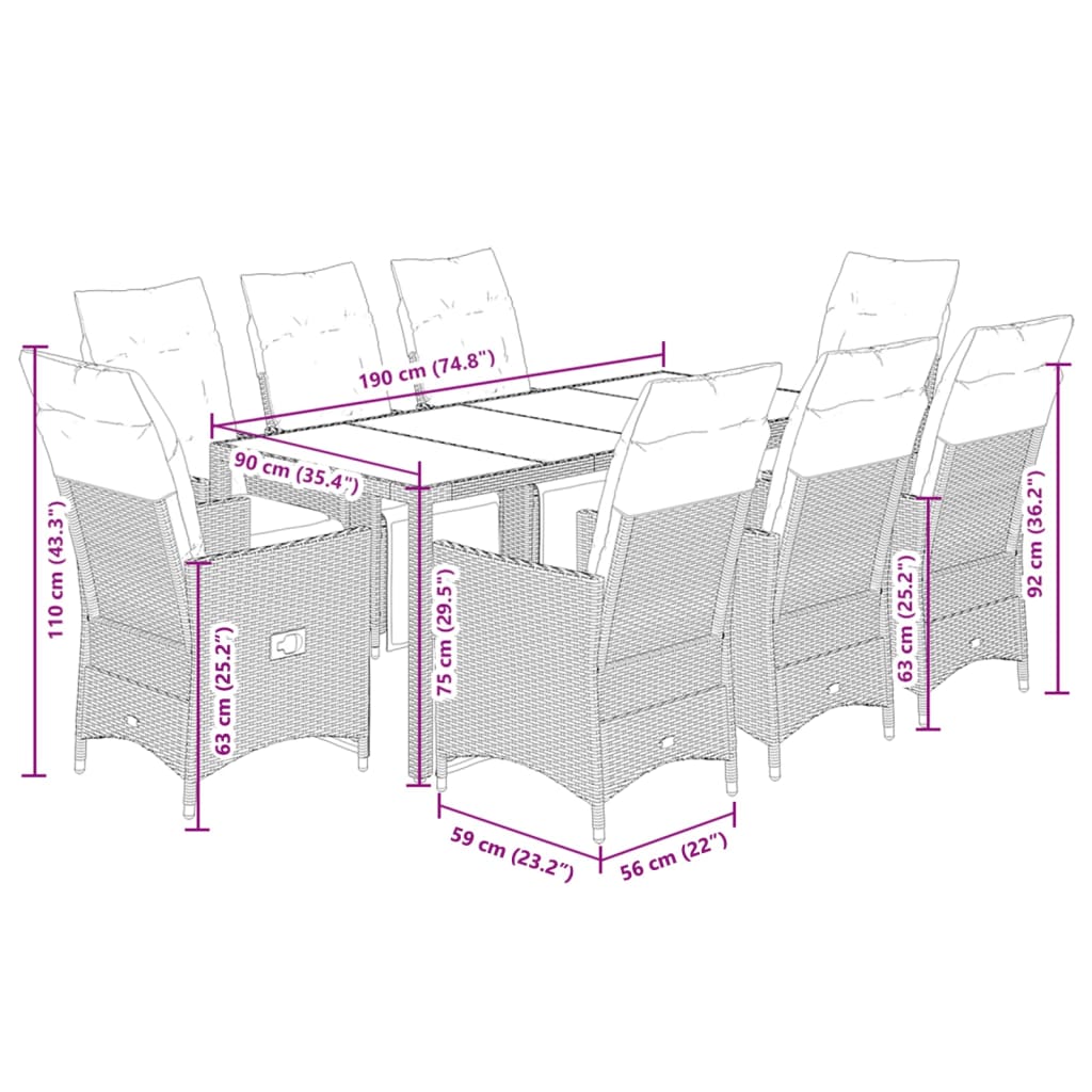 9-tlg. Garten-Bistro-Set mit Kissen Grau Poly Rattan