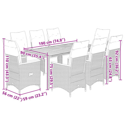 9-tlg. Garten-Bistro-Set mit Kissen Grau Poly Rattan