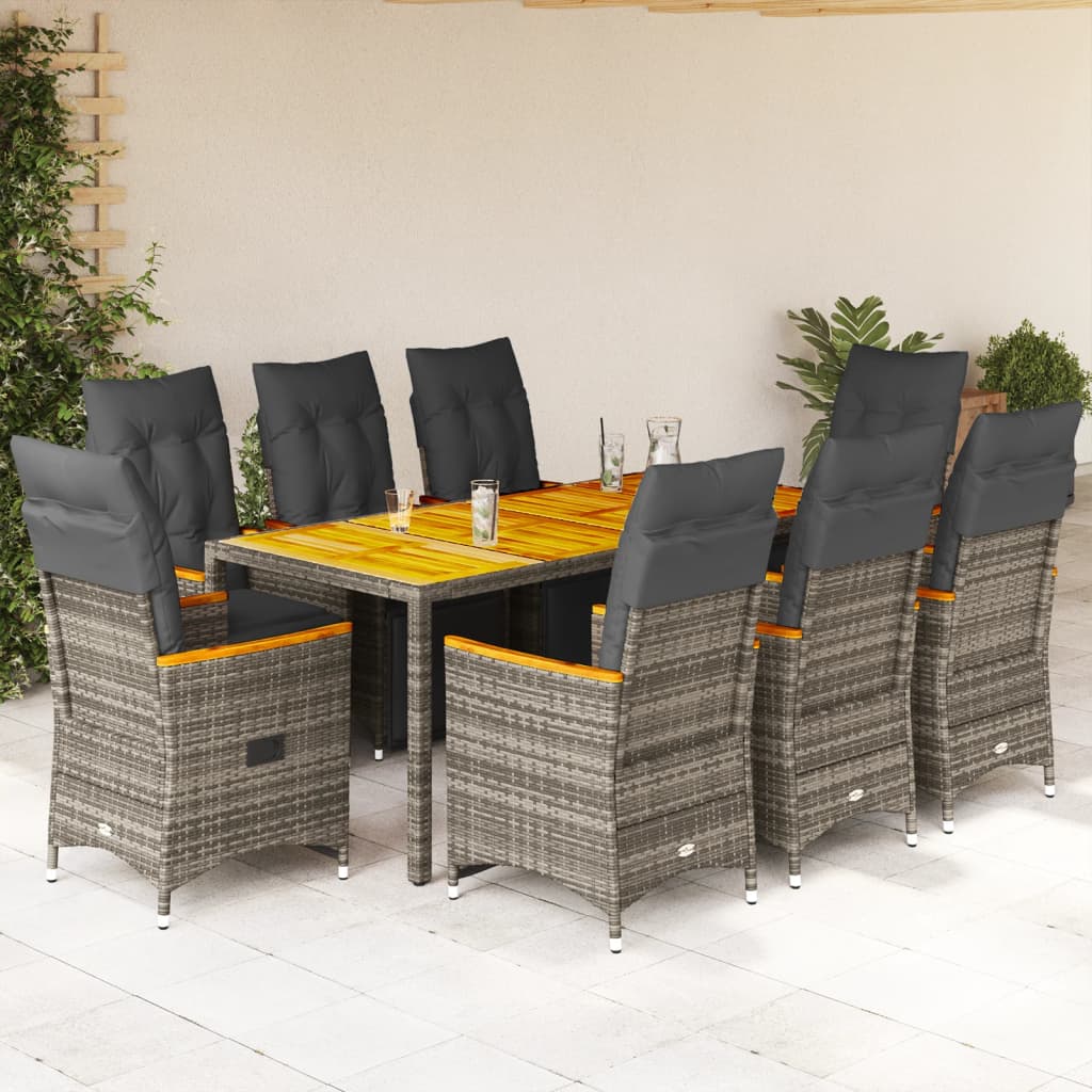 9-tlg. Garten-Bistro-Set mit Kissen Grau Poly Rattan