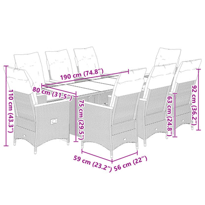 9-tlg. Garten-Bistro-Set mit Kissen Grau Poly Rattan