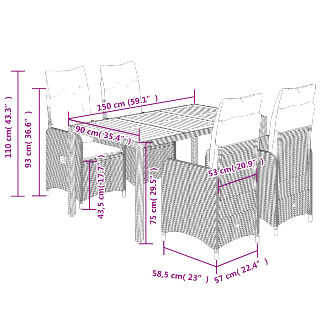 5-tlg. Garten-Bistro-Set mit Kissen Schwarz Poly Rattan