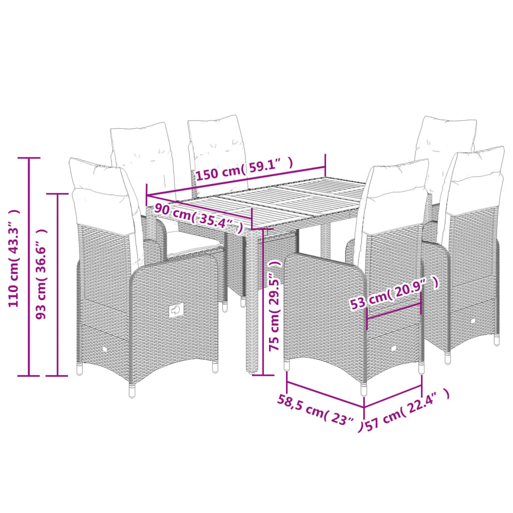 7-tlg. Garten-Bistro-Set mit Kissen Schwarz Poly Rattan