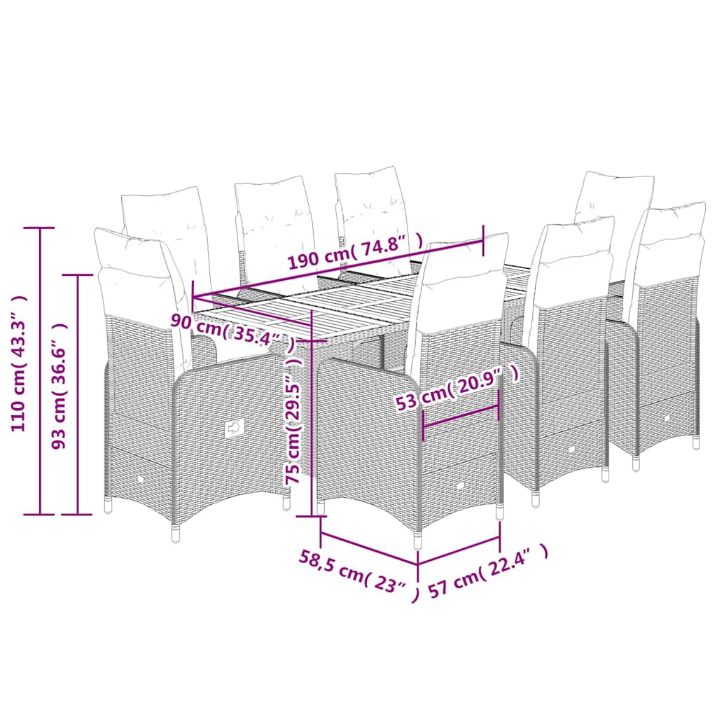 9-tlg. Garten-Bistro-Set mit Kissen Schwarz Poly Rattan