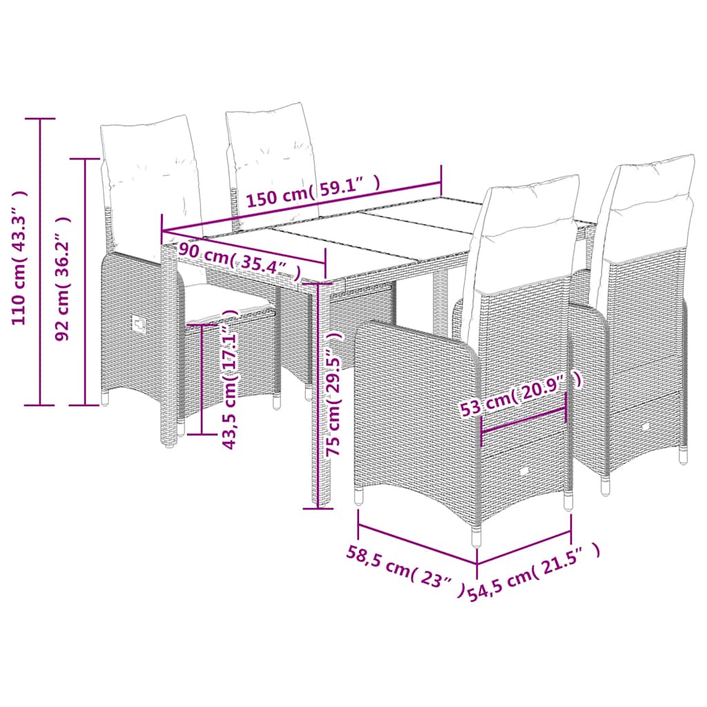 5-tlg. Garten-Bistro-Set mit Kissen Schwarz Poly Rattan
