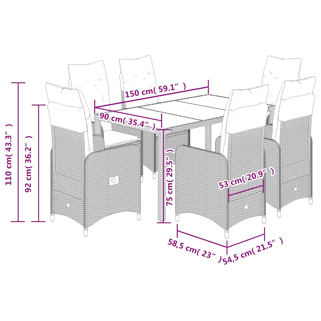 7-tlg. Garten-Bistro-Set mit Kissen Schwarz Poly Rattan