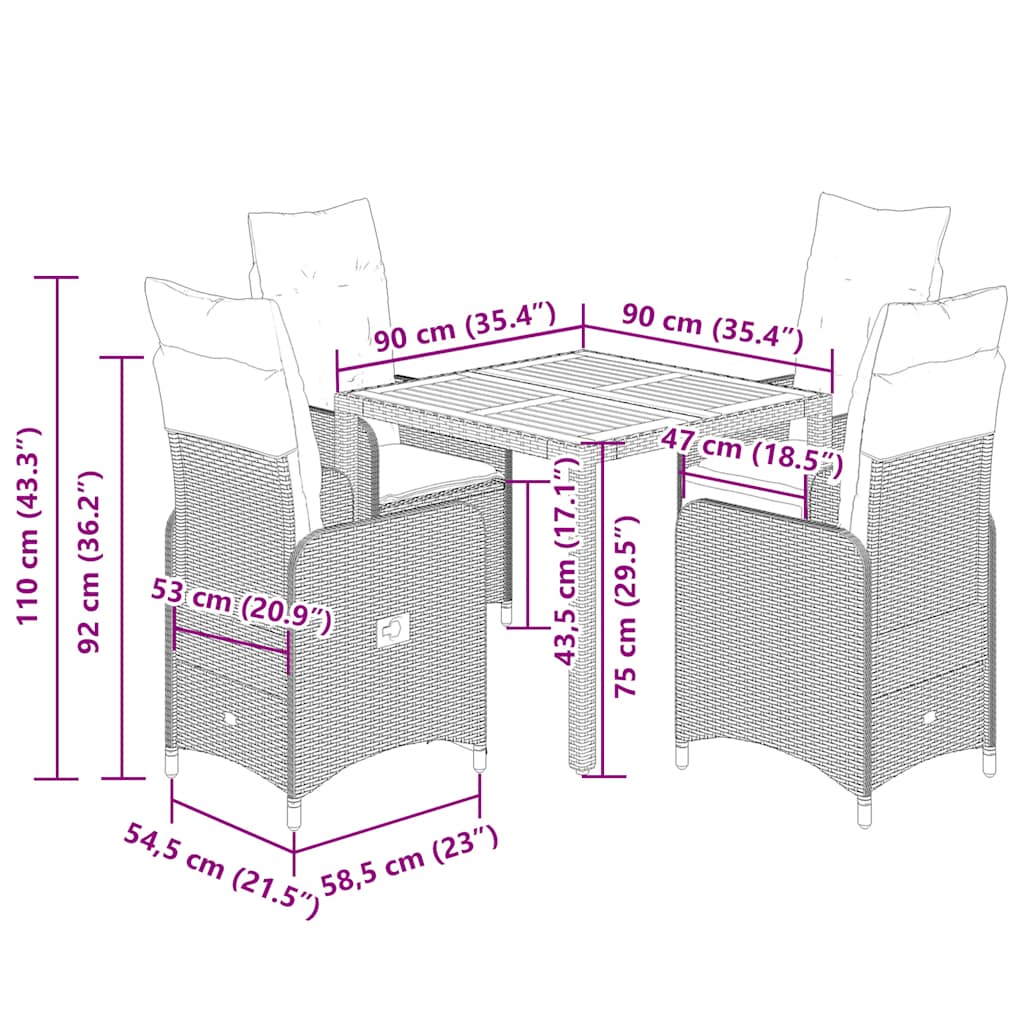 5-tlg. Garten-Bistro-Set mit Kissen Grau Poly Rattan