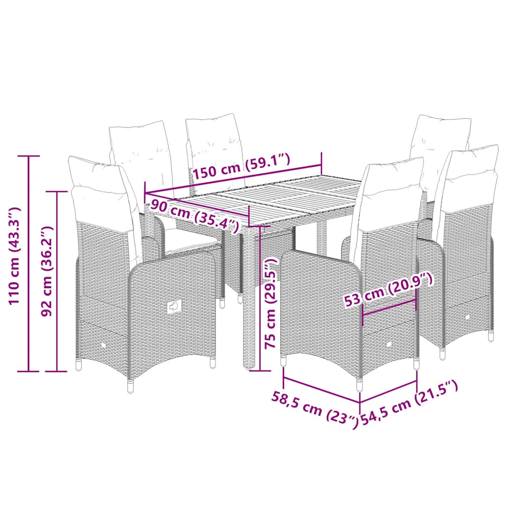 7-tlg. Garten-Bistro-Set mit Kissen Grau Poly Rattan