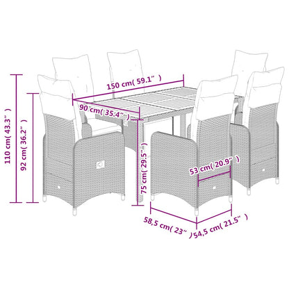 7-tlg. Garten-Bistro-Set mit Kissen Grau Poly Rattan