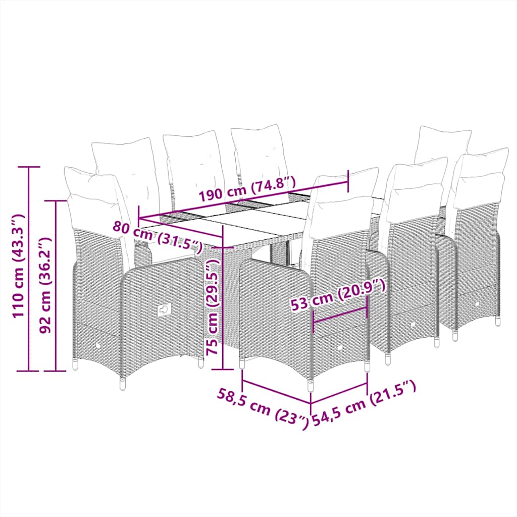 9-tlg. Garten-Bistro-Set mit Kissen Braun Poly Rattan