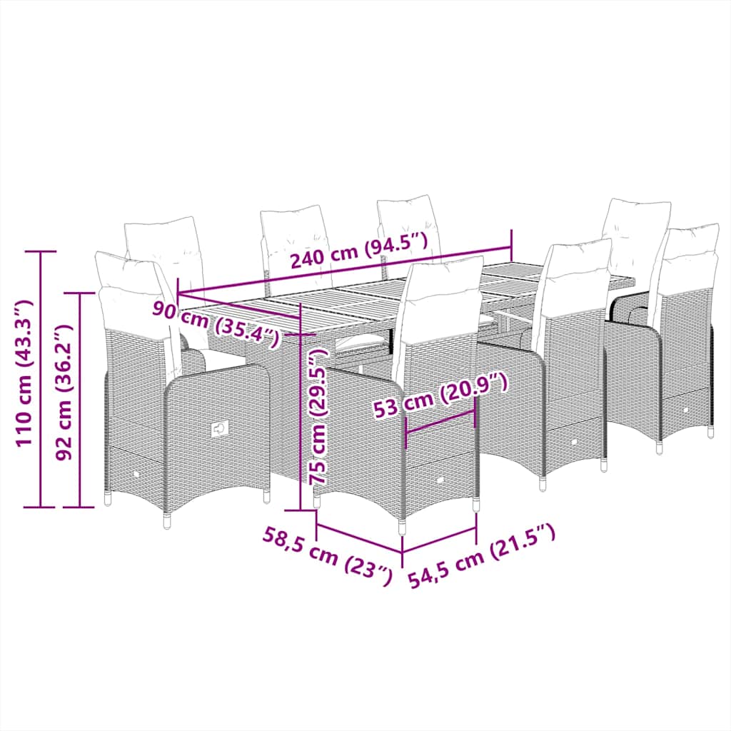9-tlg. Garten-Bistro-Set mit Kissen Schwarz Poly Rattan