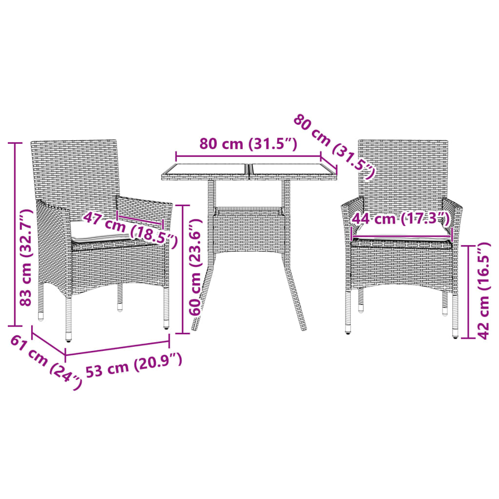 3-tlg. Garten-Essgruppe mit Kissen Grau Poly Rattan und Glas