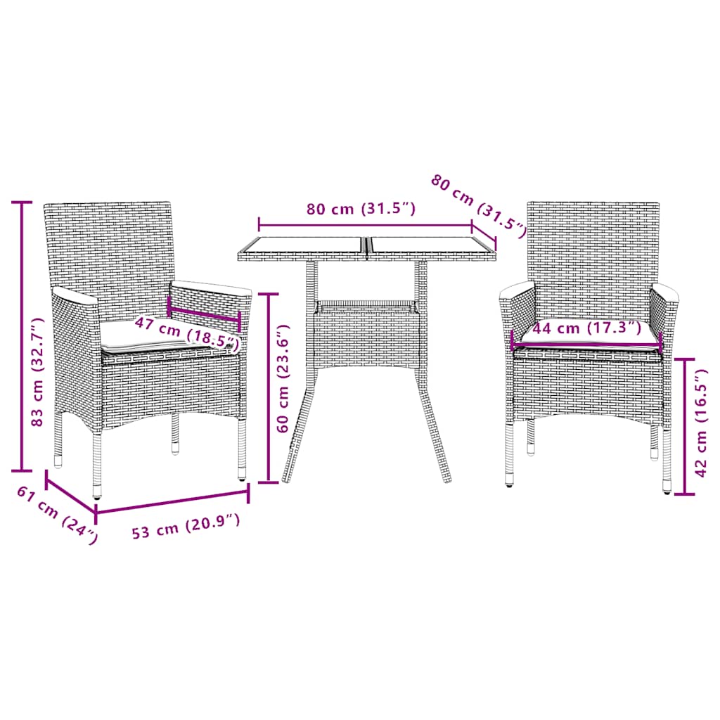 3-tlg. Garten-Essgruppe mit Kissen Schwarz Poly Rattan Akazie
