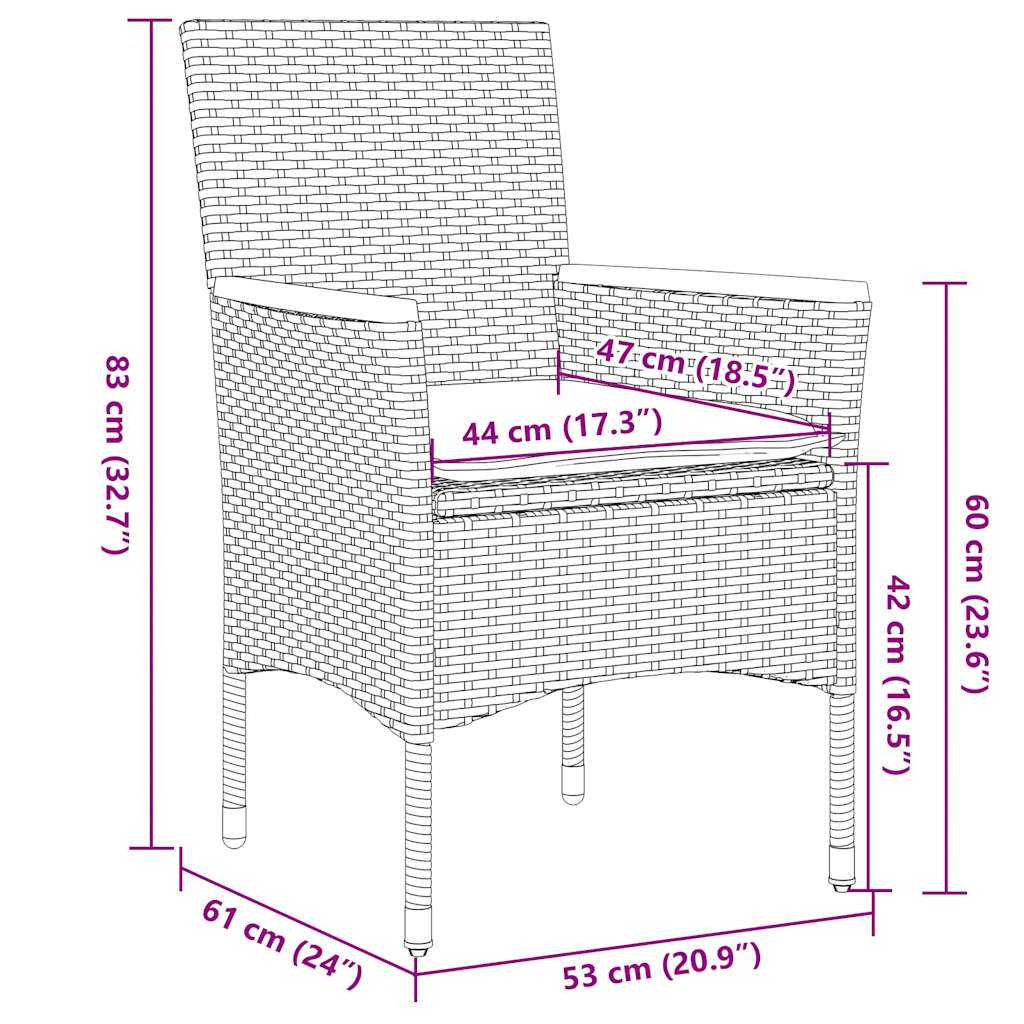 3-tlg. Garten-Essgruppe mit Kissen Schwarz Poly Rattan Glas