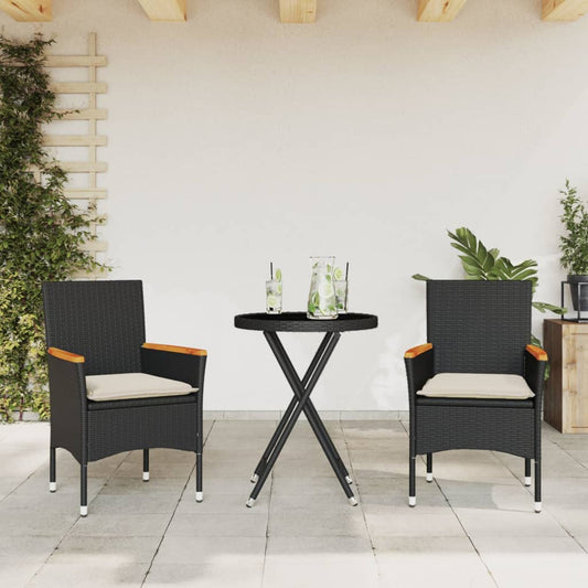 3-tlg. Bistro-Set mit Kissen Schwarz Poly Rattan und Glas
