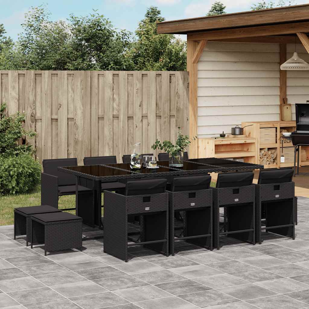 13-tlg. Garten-Essgruppe mit Kissen Schwarz Poly Rattan