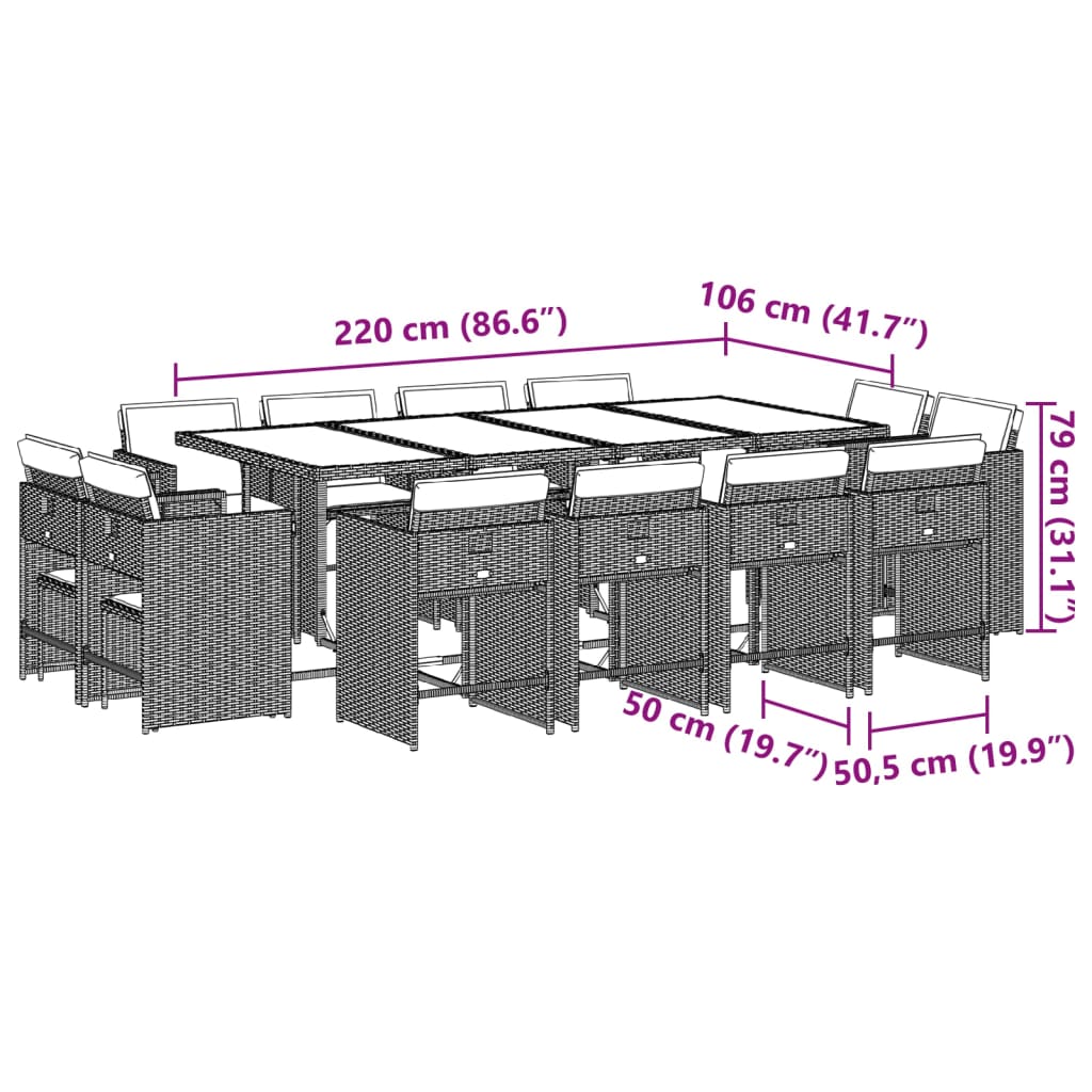 13-tlg. Garten-Essgruppe mit Kissen Hellgrau Poly Rattan