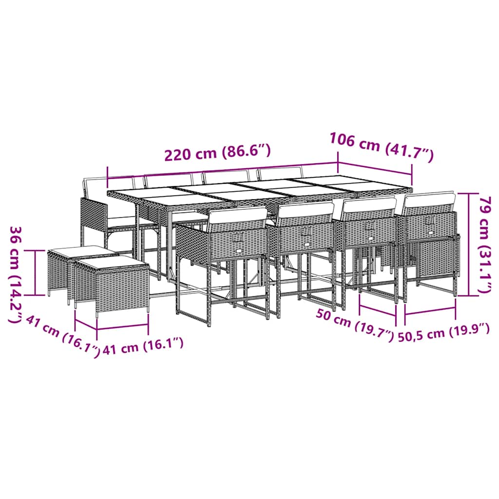 13-tlg. Garten-Essgruppe mit Kissen Hellgrau Poly Rattan