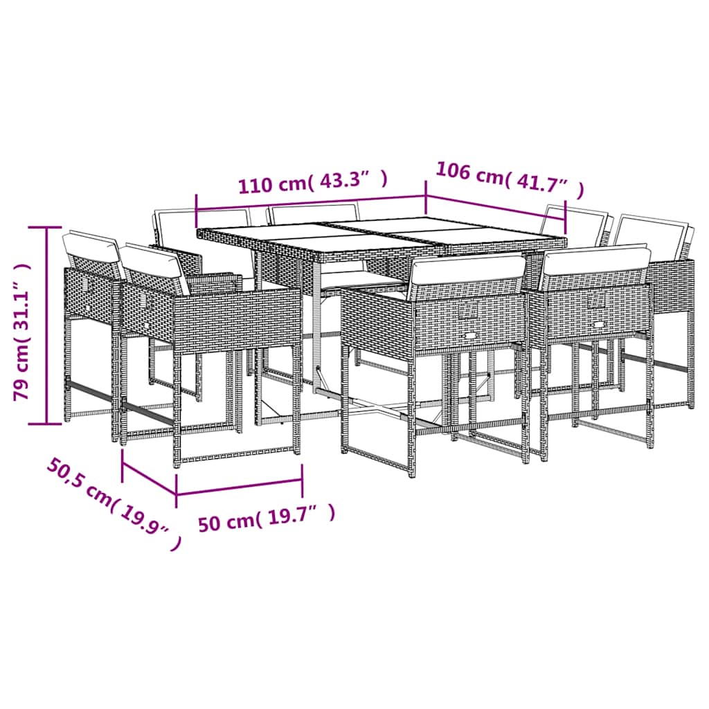 9-tlg. Garten-Essgruppe mit Kissen Beige Poly Rattan