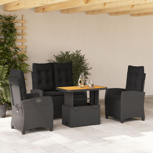 4-tlg. Garten-Essgruppe mit Kissen Schwarz Poly Rattan