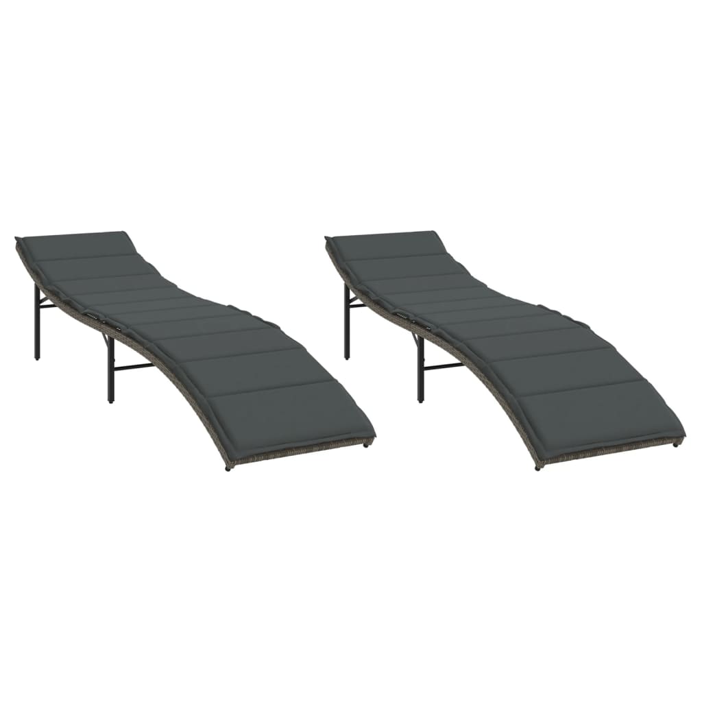 Chaises longues 2 pièces avec coussins en résine tressée grise