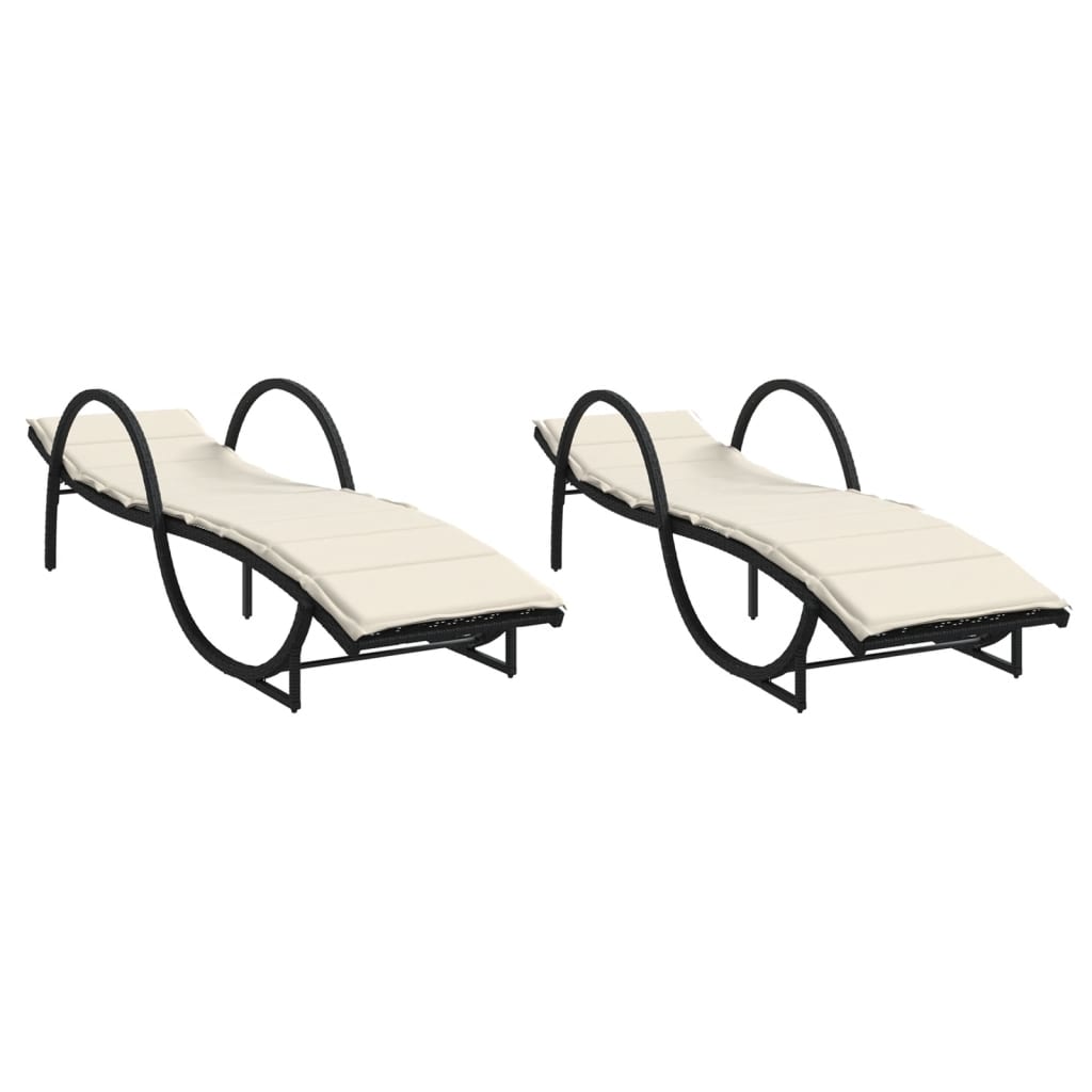Chaises longues 2 pièces avec coussins en polyrotin noir