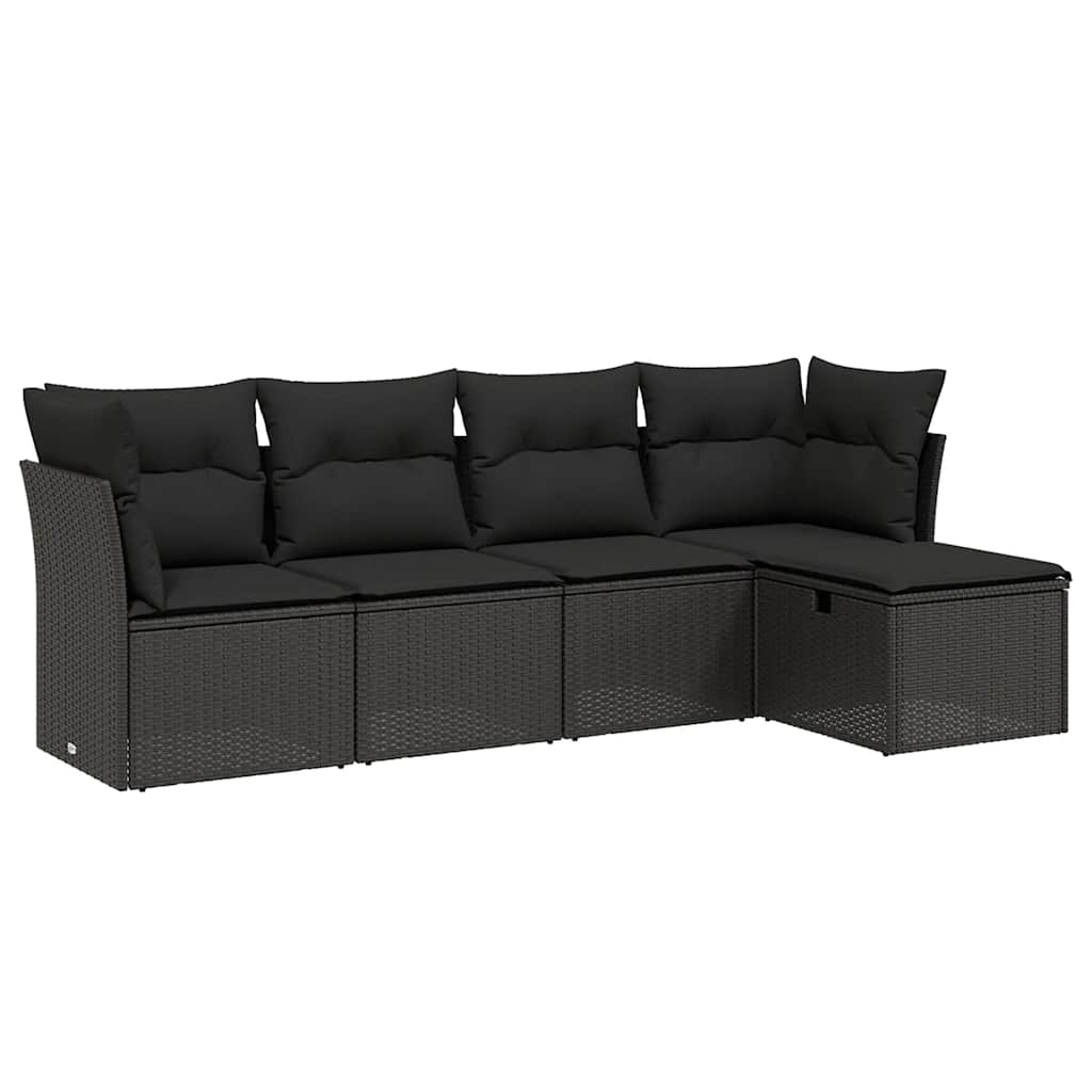 5-tlg. Garten-Sofagarnitur mit Kissen Schwarz Poly Rattan