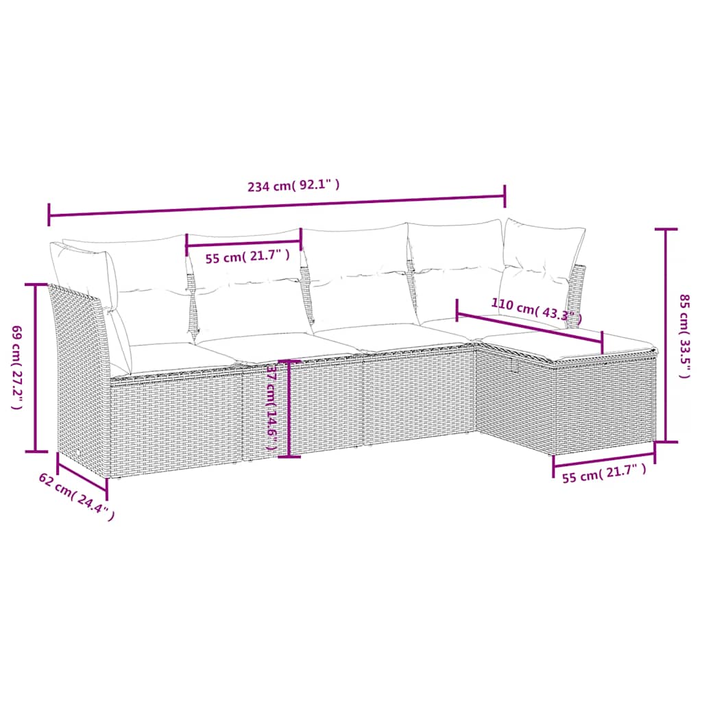 5-tlg. Garten-Sofagarnitur mit Kissen Schwarz Poly Rattan