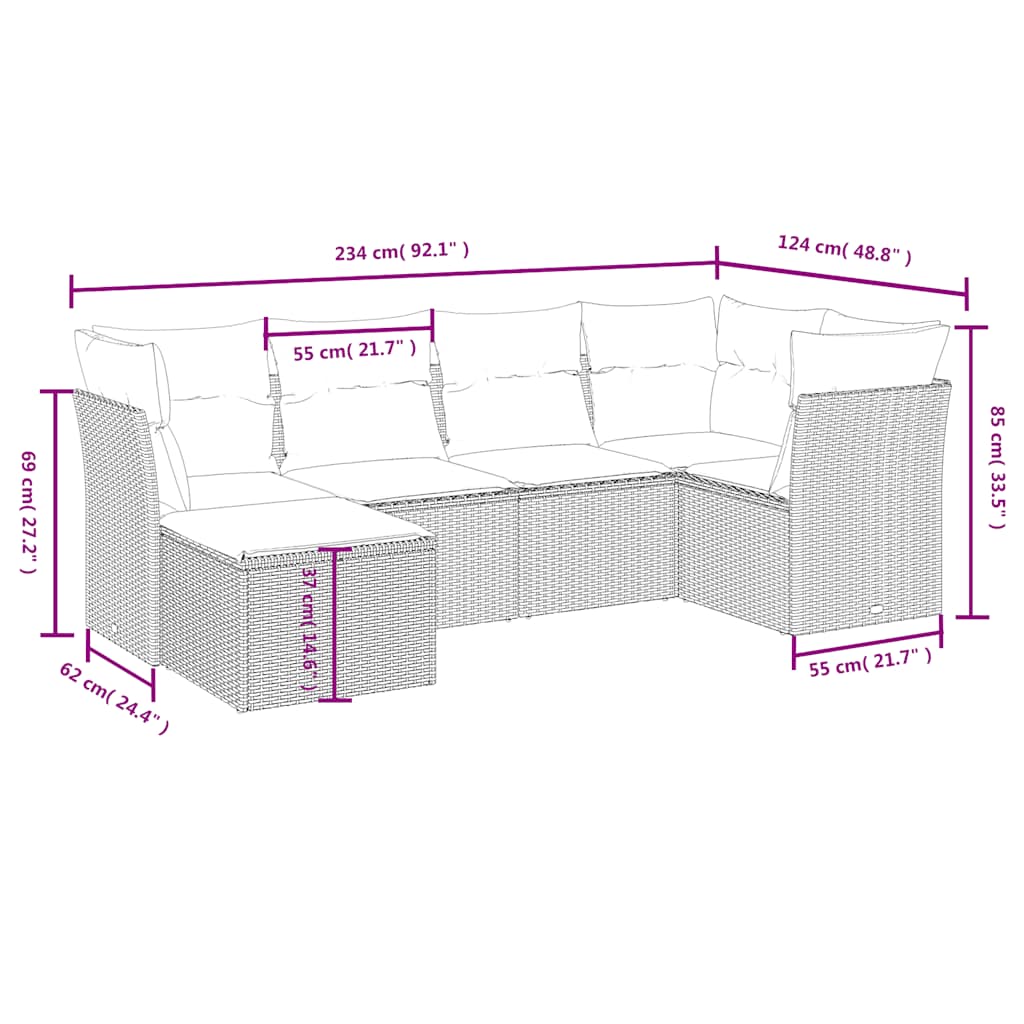 6-tlg. Garten-Sofagarnitur mit Kissen Schwarz Poly Rattan