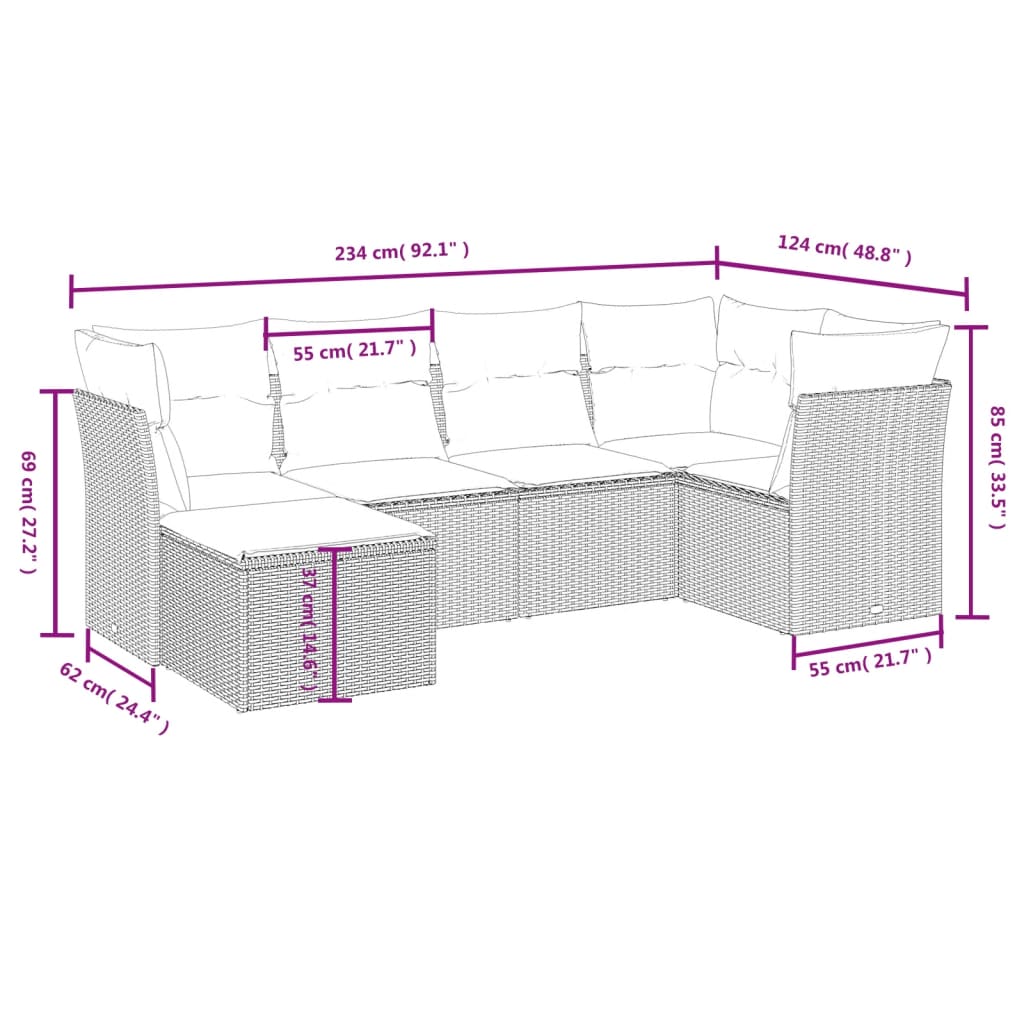 6-tlg. Garten-Sofagarnitur mit Kissen Beige Poly Rattan
