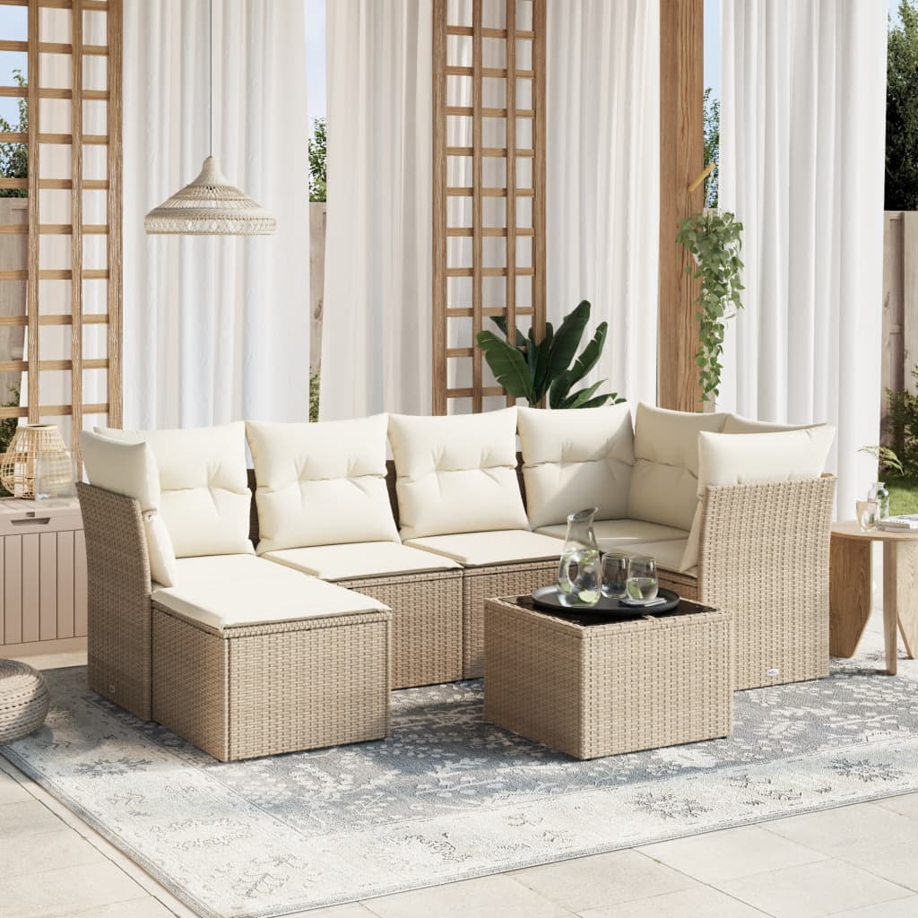 7-tlg. Garten-Sofagarnitur mit Kissen Beige Poly Rattan