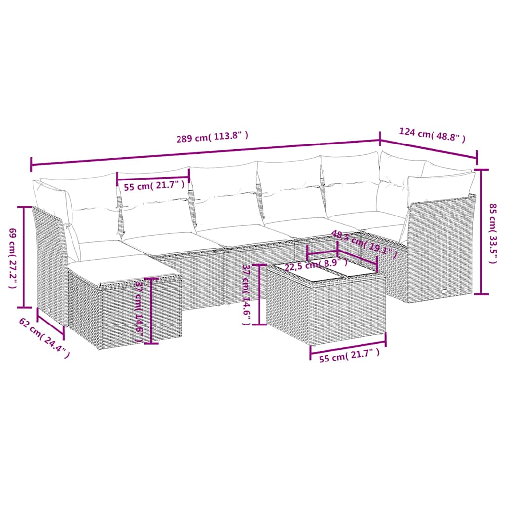 8-tlg. Garten-Sofagarnitur mit Kissen Schwarz Poly Rattan
