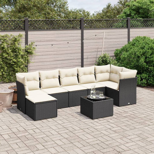 8-piece garden sofa set with cushions, black poly rattan