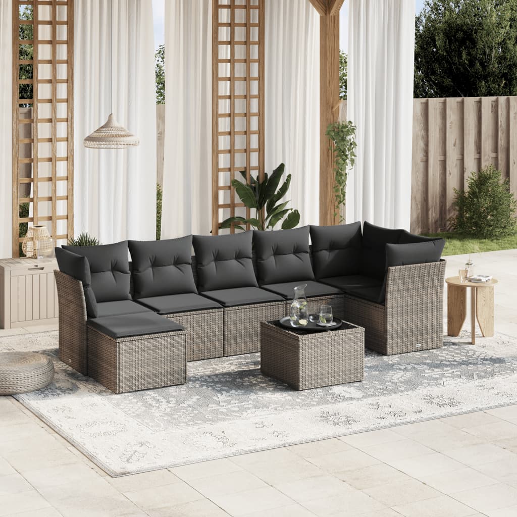 8-tlg. Garten-Sofagarnitur mit Kissen Grau Poly Rattan