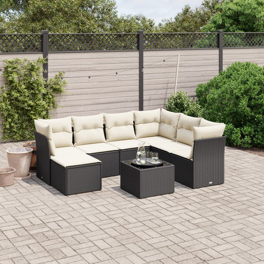 8-piece garden sofa set with cushions, black poly rattan