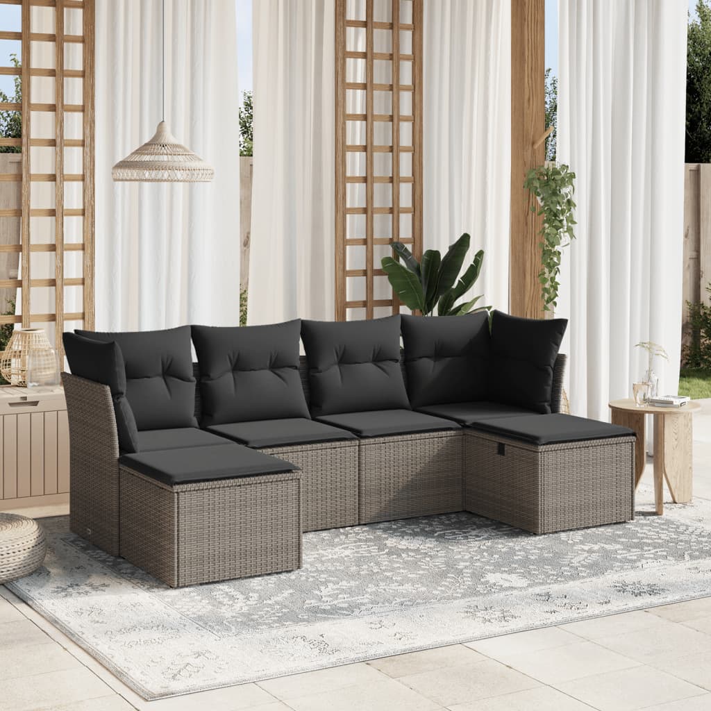 6-tlg. Garten-Sofagarnitur mit Kissen Grau Poly Rattan
