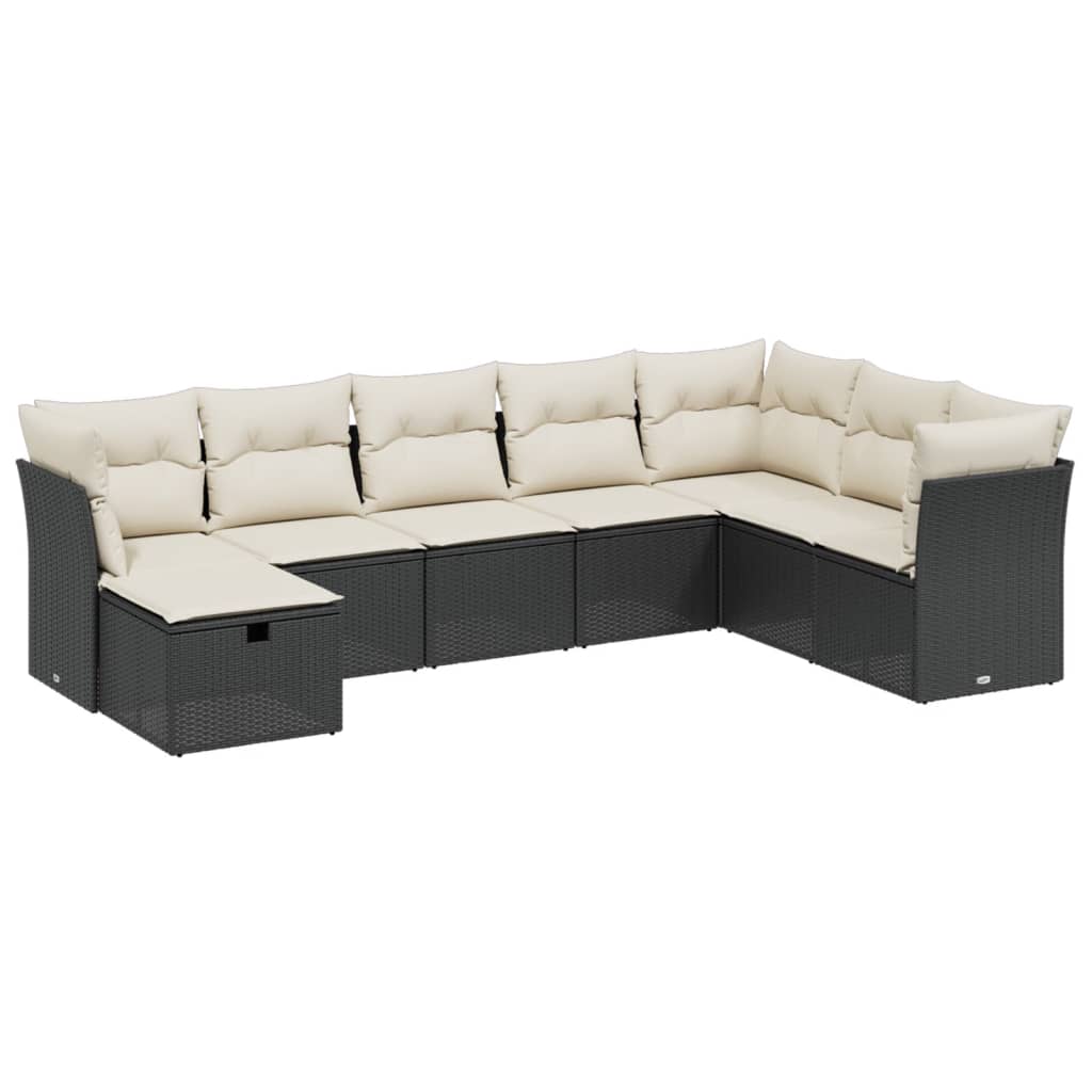 8-piece garden sofa set with cushions, black poly rattan