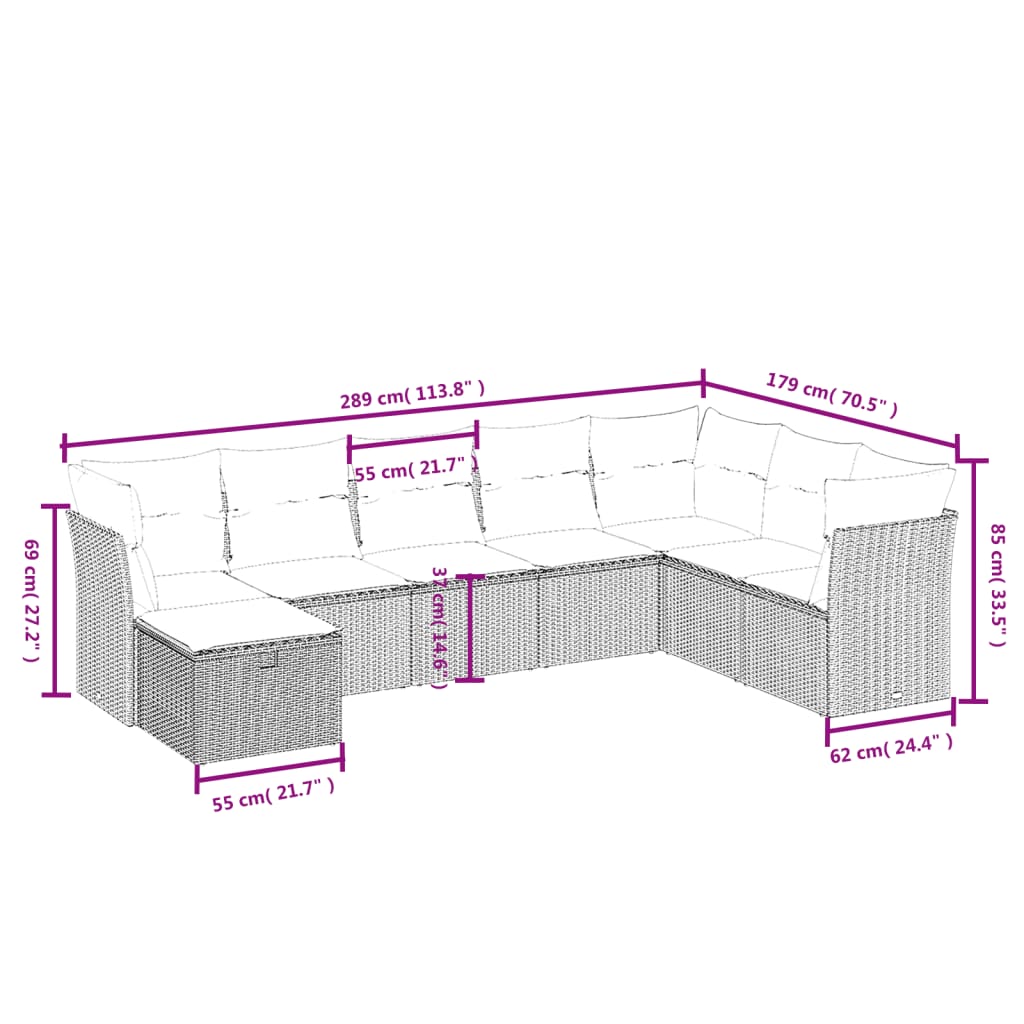 8-piece garden sofa set with cushions, black poly rattan