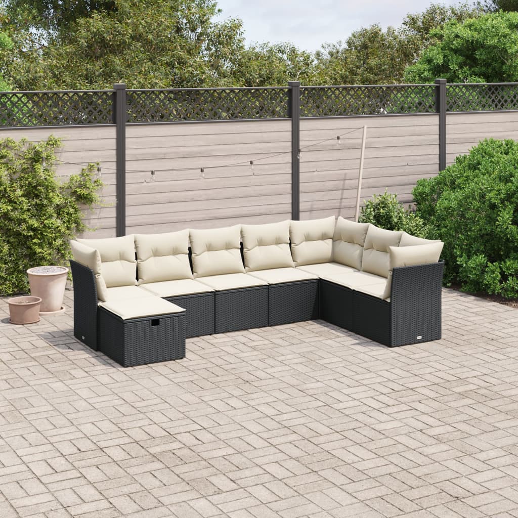 8-piece garden sofa set with cushions, black poly rattan