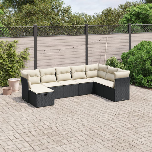 8-piece garden sofa set with cushions, black poly rattan