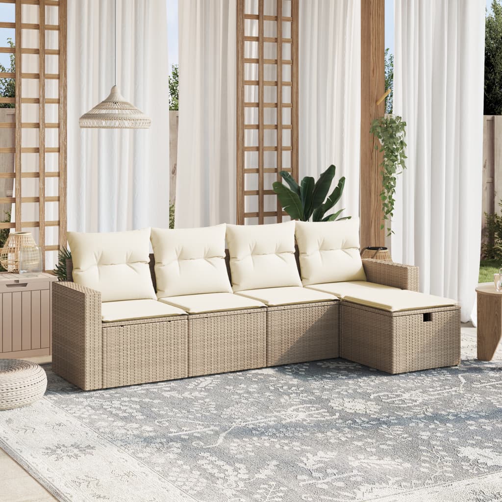 5-tlg. Garten-Sofagarnitur mit Kissen Beige Poly Rattan