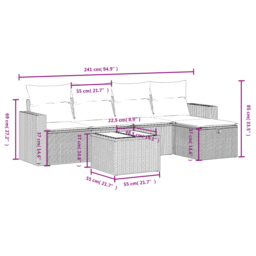 6-teiliges Gartensofa-Set mit Kissen, braun, Polyrattan