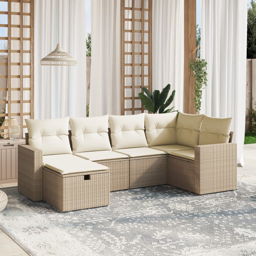 6-tlg. Garten-Sofagarnitur mit Kissen Beige Poly Rattan