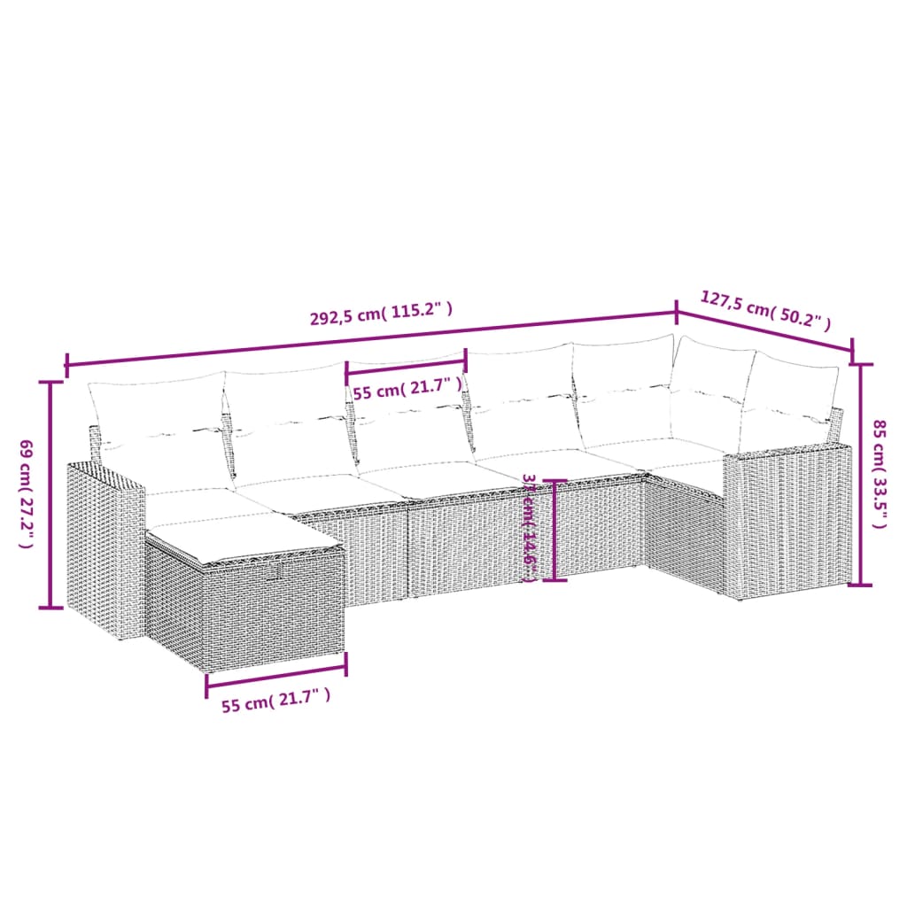7-tlg. Garten-Sofagarnitur mit Kissen Grau Poly Rattan