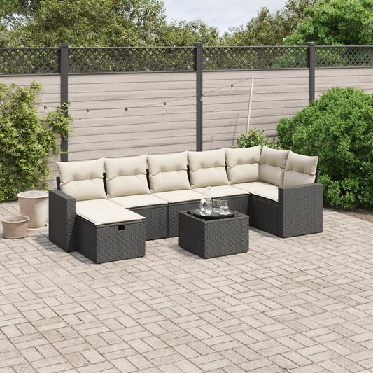 8-piece garden sofa set with cushions, black poly rattan
