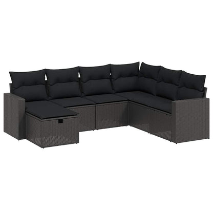 7-tlg. Garten-Sofagarnitur mit Kissen Schwarz Poly Rattan